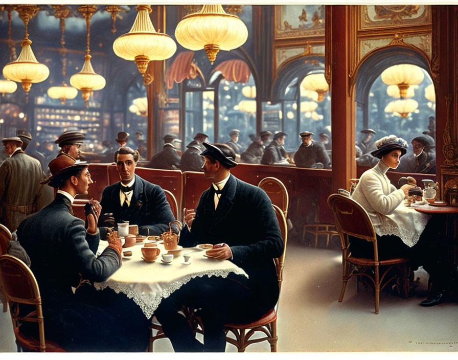 Early 20th-Century Café Scene with Well-Dressed Patrons and Ornate Décor
