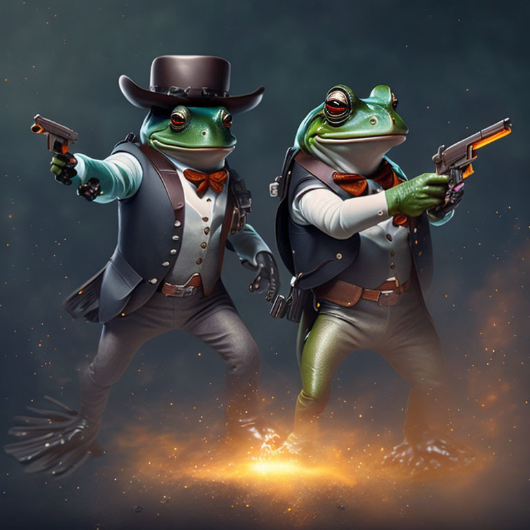 Anthropomorphic frogs in formal attire duel with guns.