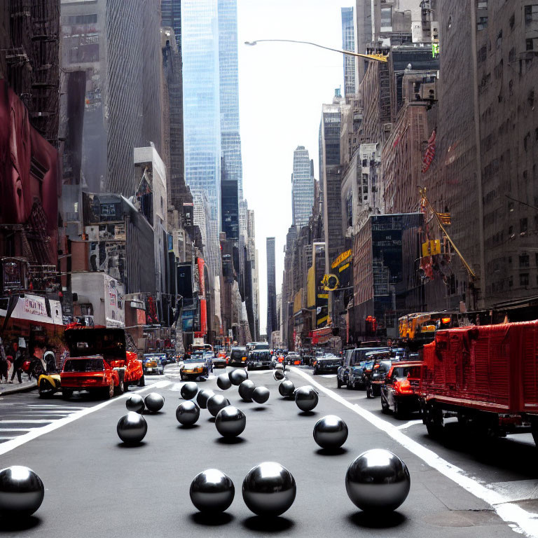 City street with black spherical sculptures, cars, and tall buildings under overcast sky