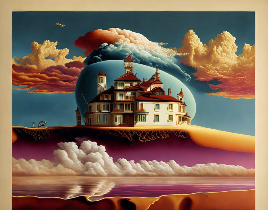 Surreal painting: Victorian house on floating globe with tree roots