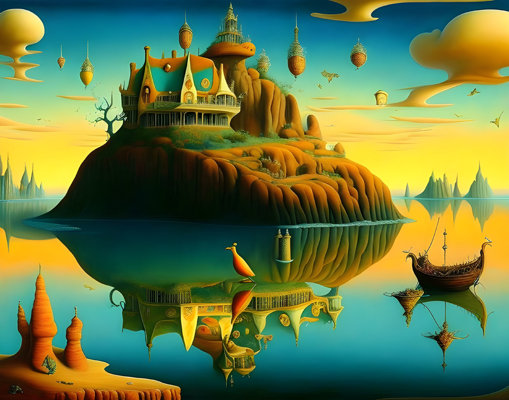 Colorful Surreal Landscape: Floating Island, Whimsical House, Birds, Boat