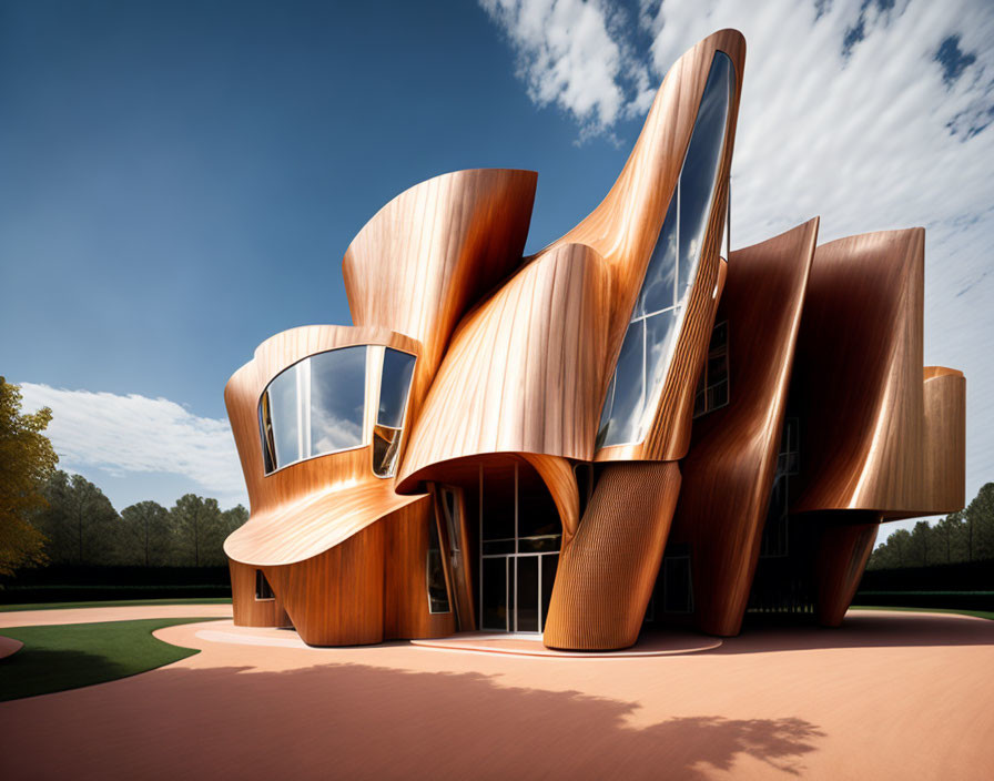 Sculptural building with wooden panels and glass windows under blue sky