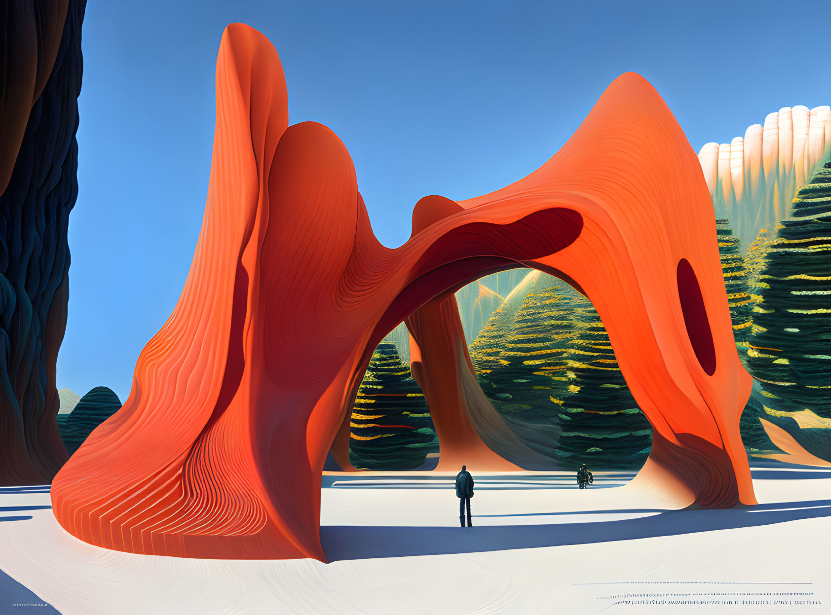 Surreal orange wave-like sculpture with trees under clear sky