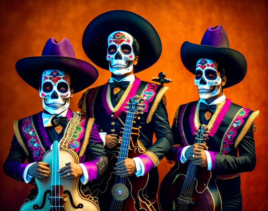 Three people in mariachi attire with skull face paint on orange background