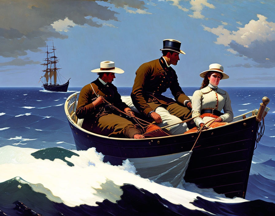 Vintage rowboat scene with three people and tall ship in the background