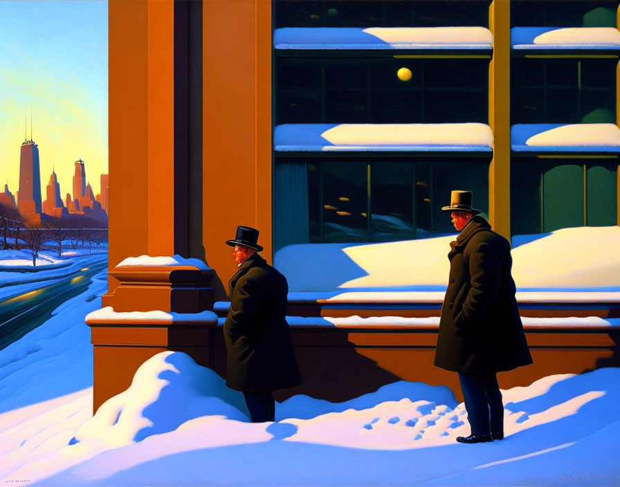 Stylized individuals in hats and coats by orange building at dusk