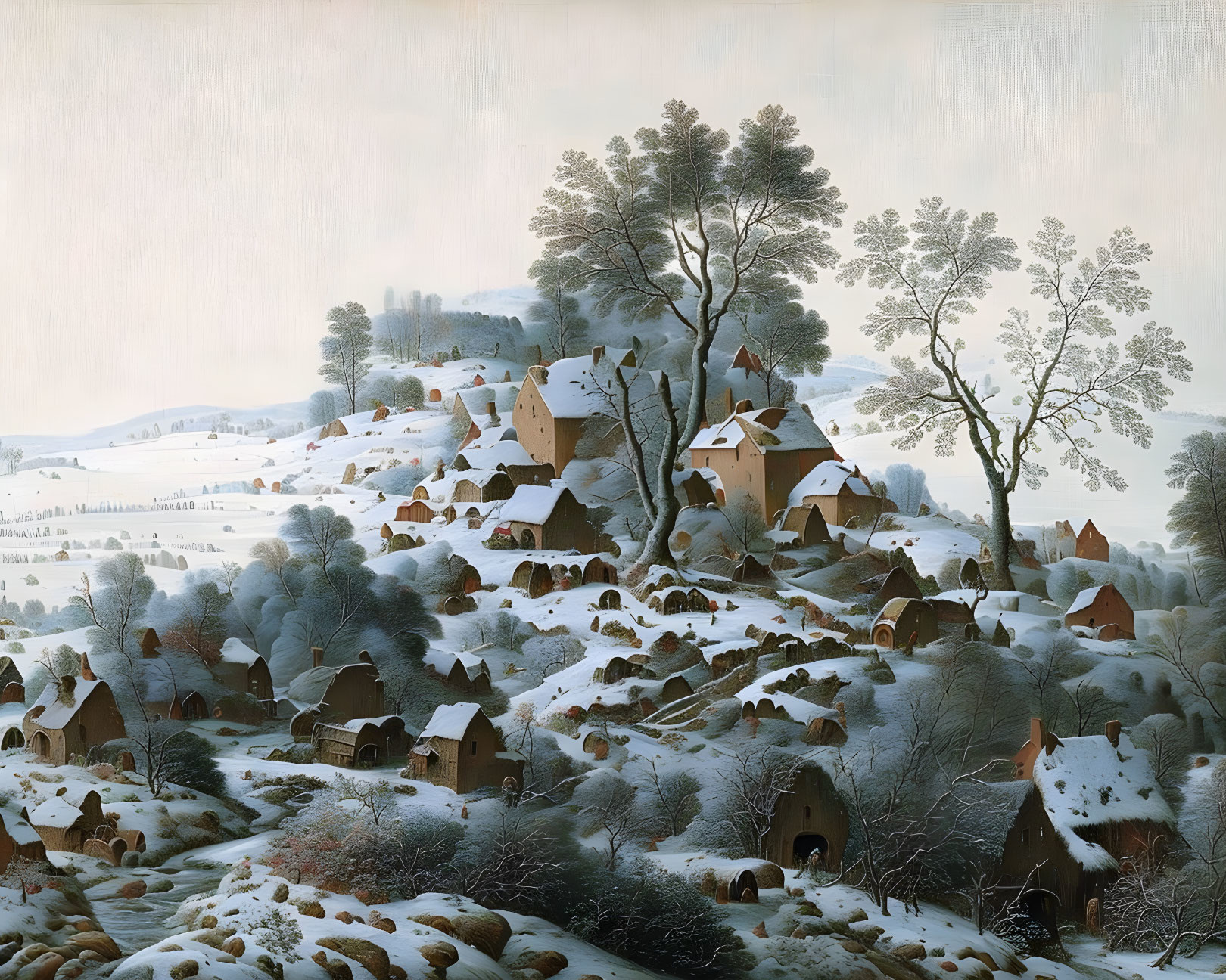 Snow-covered village nestled among trees in serene winter landscape