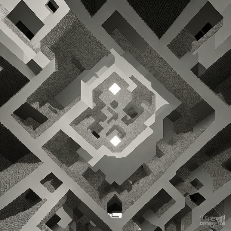 Monochrome geometric fractal pattern resembling intricate 3D maze.