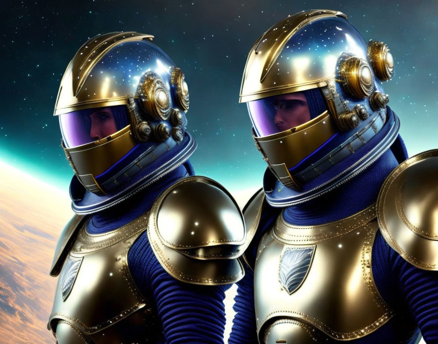 Futuristic golden space suits with helmets against starry backdrop