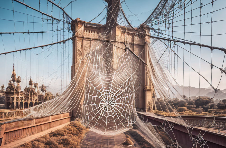 Intricate spider web on bridge with towers and spires at dawn or dusk