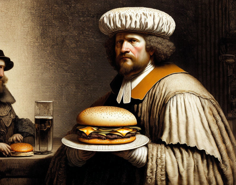 Digitally altered 17th-century portrait with man holding modern cheeseburger