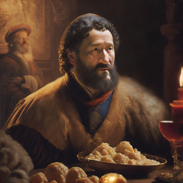 Historical portrait of bearded man in contemplative mood at table with candle and food.