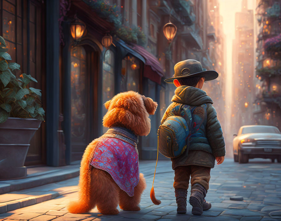 Child and fluffy dog in scarf on cozy urban street in warm sunlight