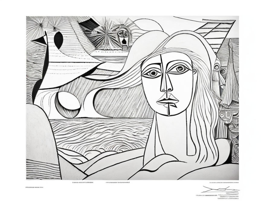 Monochrome abstract art with exaggerated facial features and surreal patterns