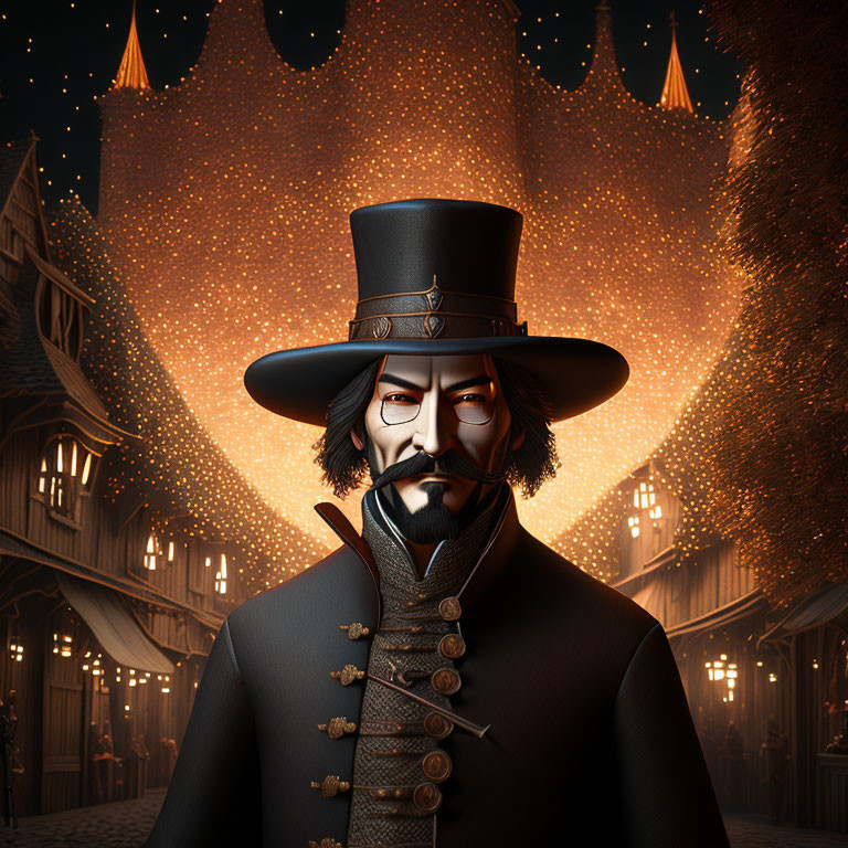 Stylized animated gentleman with beard, mustache, top hat, Victorian coat, lantern backdrop