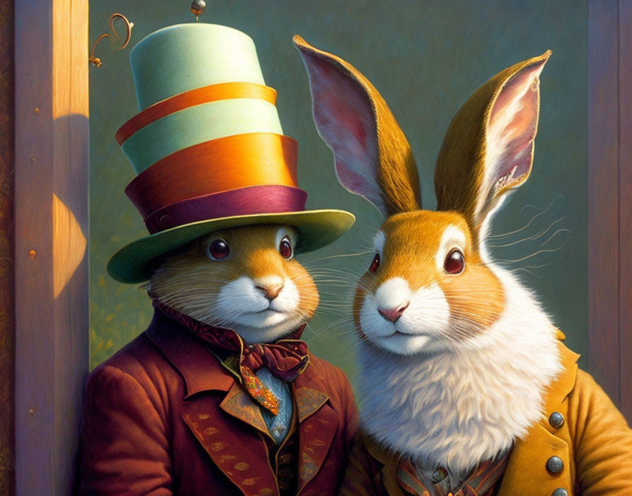 Two anthropomorphic rabbits in sophisticated attire with tall striped hat.