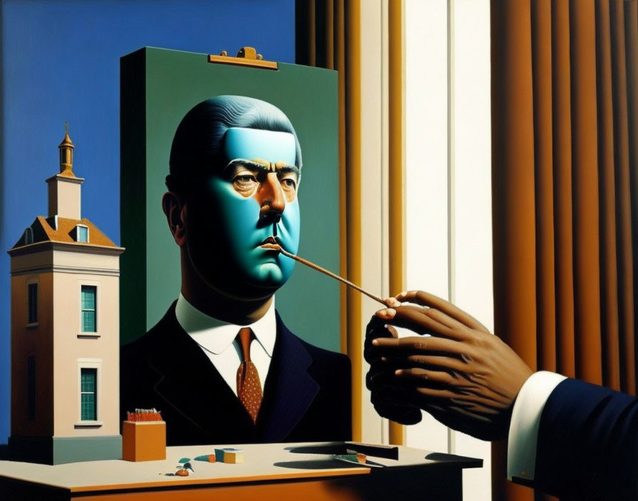 Surrealist painting: man in suit with face peeled to reveal canvas head