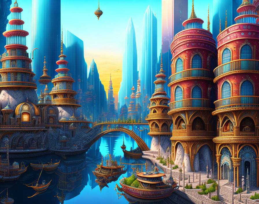 Futuristic cityscape with ornate buildings and floating vehicles