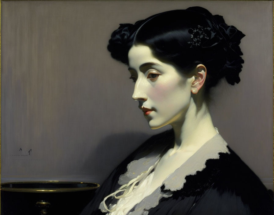 Portrait painting of a woman with dark hair, pale skin, in black dress with white lace collar