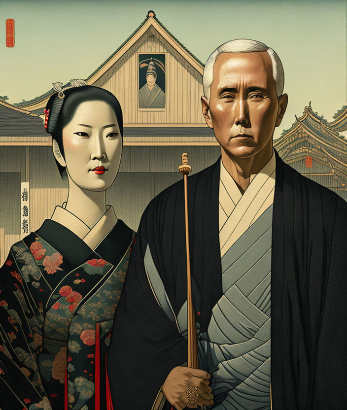 Japanese woman in kimono with man in traditional attire and classic architecture illustration