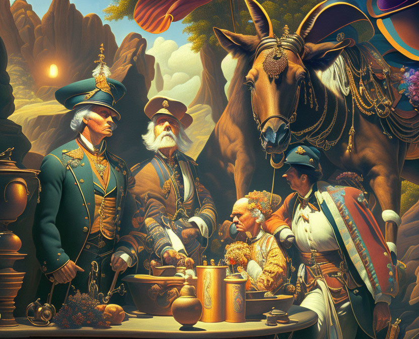 Fantasy artwork of elegantly dressed military officers at a lavish table with surreal elements