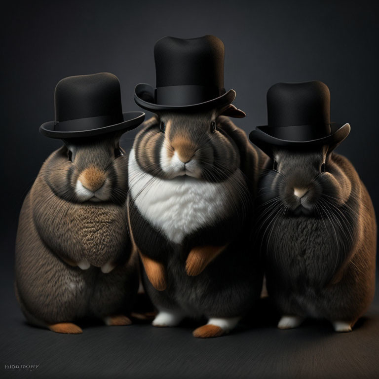 Three chubby rabbits in black top hats against dark background