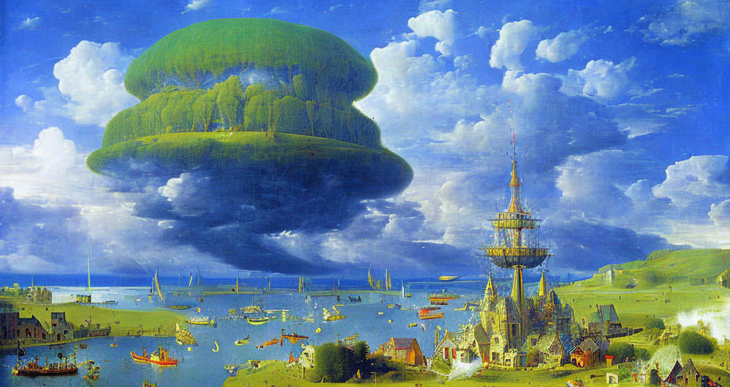 Fantastical landscape painting: Floating island above bustling port town