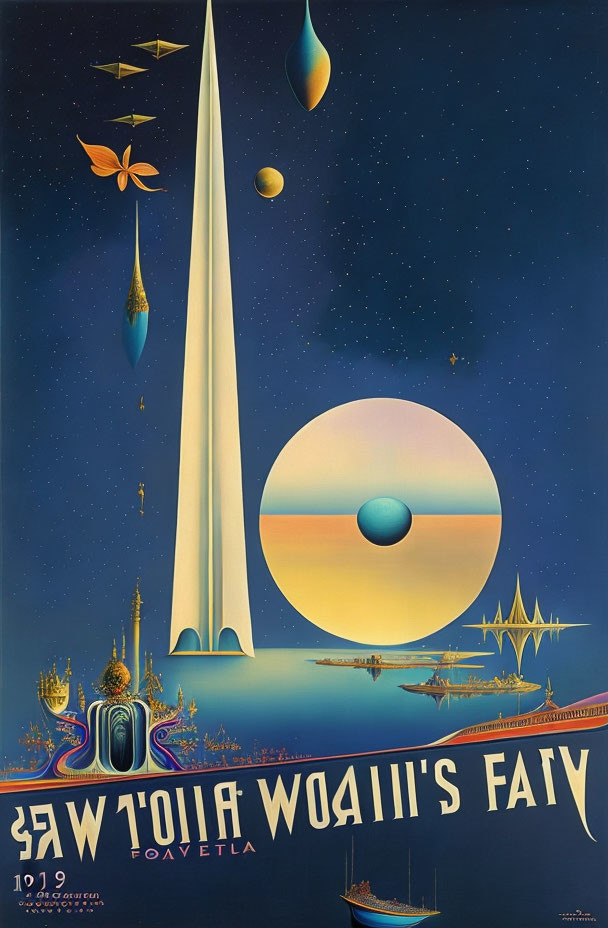 Retro-futuristic space poster with tower, celestial bodies, spacecraft, symbols