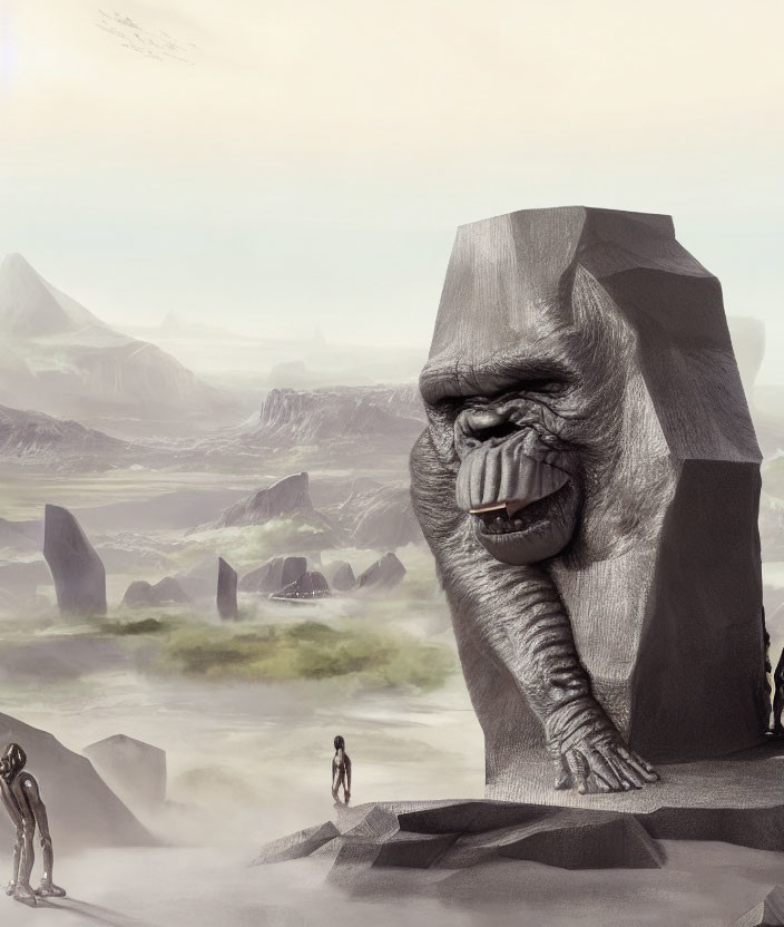 Surreal landscape with giant stone ape head and human figure among towering rocks