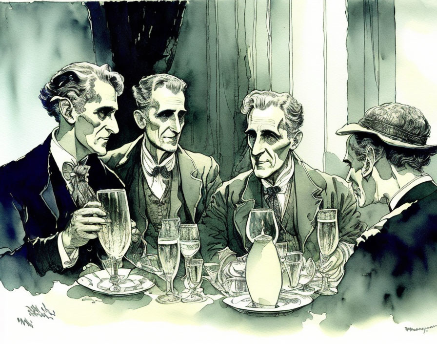 Vintage Attire Men Conversation Dinner Table Illustration