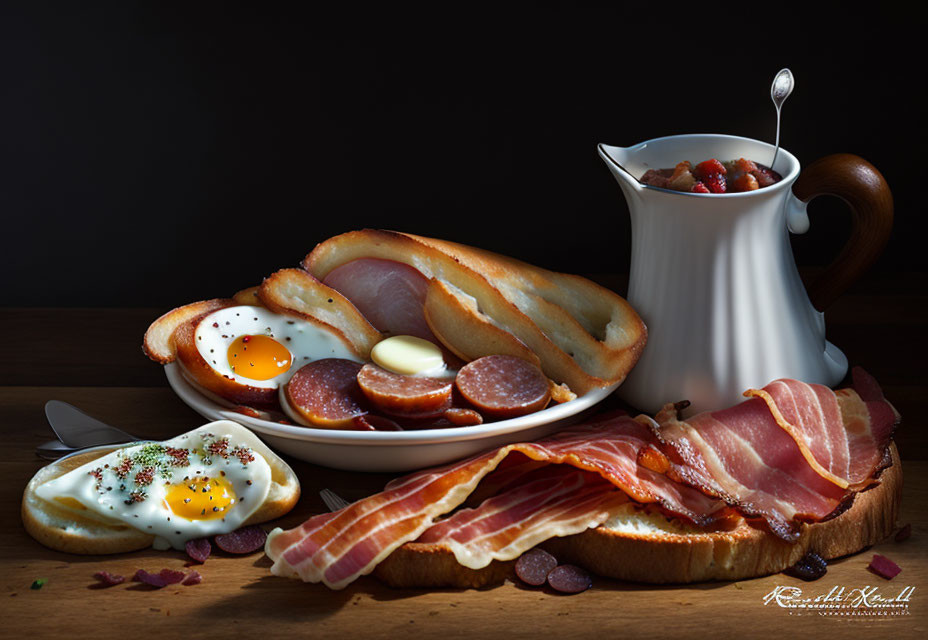 Traditional Breakfast Spread with Eggs, Bacon, Sausages, Toast, and Gravy