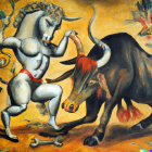 Cubist painting of woman and bull in yellow and black palette