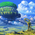 Fantastical landscape painting: Floating island above bustling port town