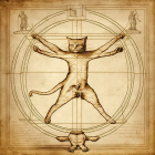 Cat with human-like arms and legs in Vitruvian Man pose on alchemical symbols background