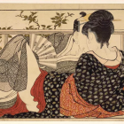 Traditional geishas in kimonos writing and watching with Japanese script background