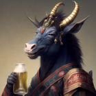 Stylized anthropomorphic goat with golden horns and celestial motifs holding a beer