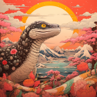 Dinosaur in Asian landscape with cherry blossoms, pagodas, river, boats, birds &