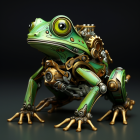 Detailed 3D illustration of mechanical frog with visible gears and plants