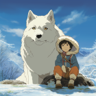 Child in tribal attire with giant white wolf in snowy mountains