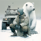 Soldiers in winter gear with jeep watching polar bear in snowy landscape