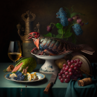 Classic Still Life: Peacock, Gold Pitcher, Wine, Fruits & Flowers