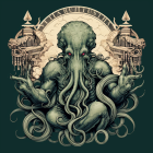 Cthulhu-like creature with tentacles and trident on decorative round backdrop