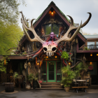 Colorful Wooden House with Steep Roof and Antlers Entrance