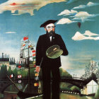 Man in 19th-Century Attire with Telescope and Hot Air Balloon Basket on Bridge