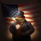 Anthropomorphic frog in suit and hat with American flag background.