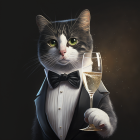 Sophisticated cat illustration with green eyes in tuxedo holding candlestick