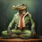 Anthropomorphic alligator in ranger uniform in forest setting