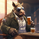 Anthropomorphic bull in sheriff's uniform with sunglasses, cigar, and beer at bar