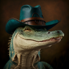 Anthropomorphic reptile digital artwork with cowboy hat and toothy grin