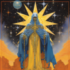 Stylized robed figure with star halo in celestial background